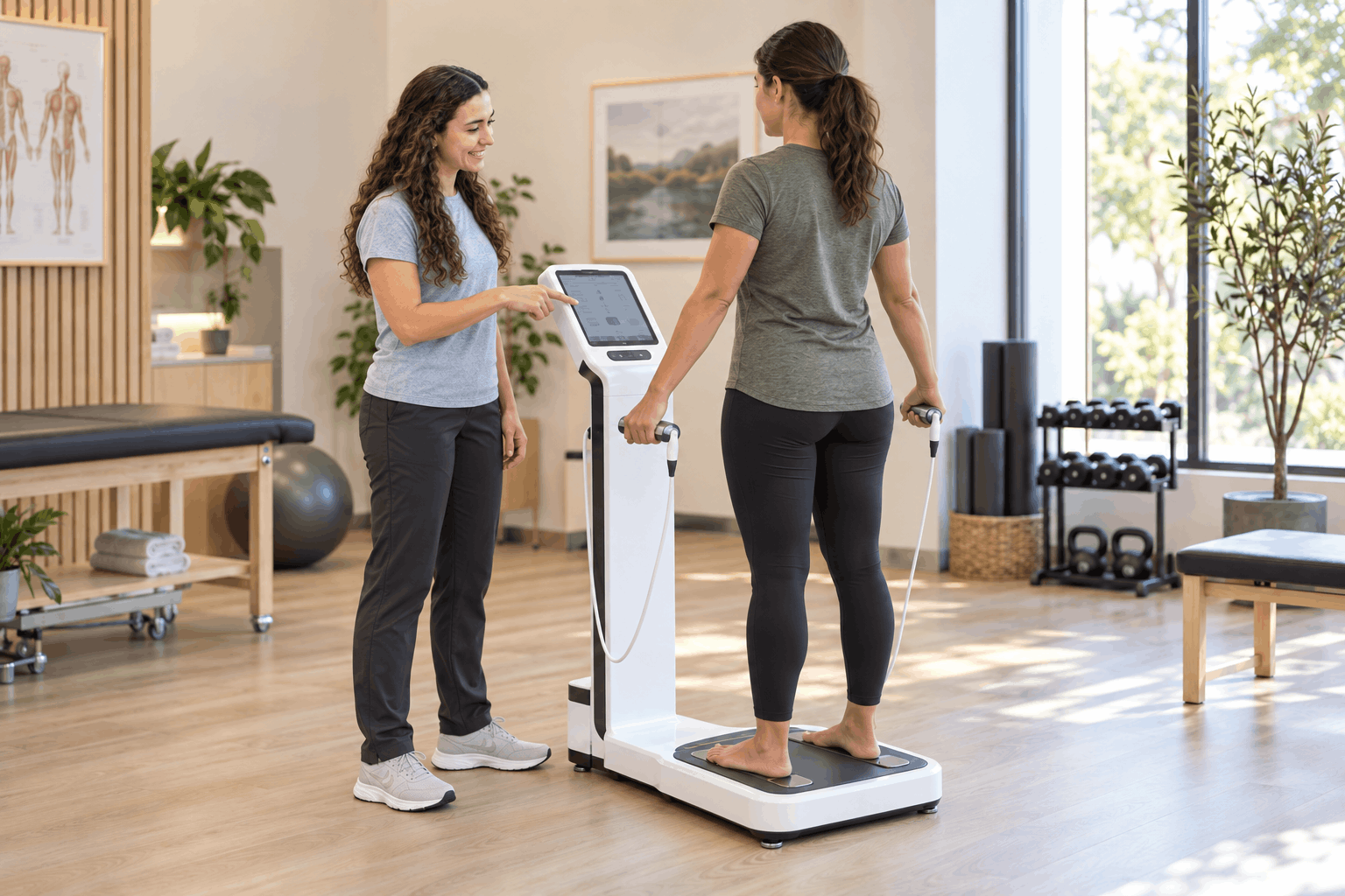 Emilie guiding a patient through an InBody composition scan