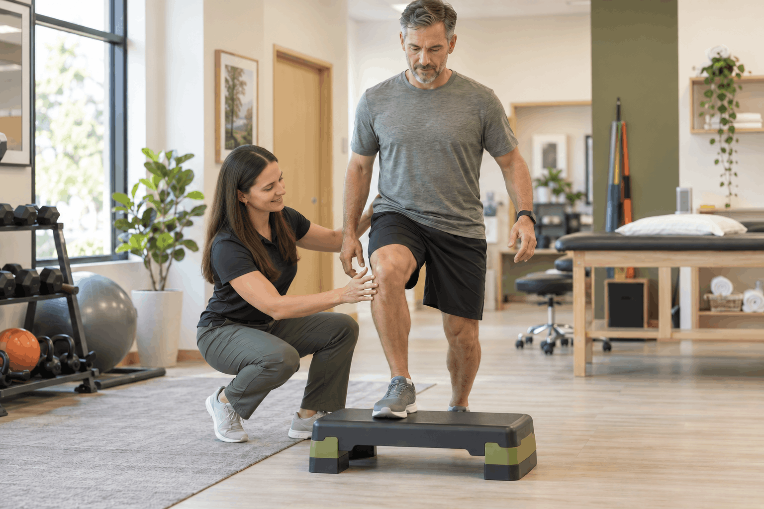 Amber guiding an orthopedic step-up rehabilitation exercise