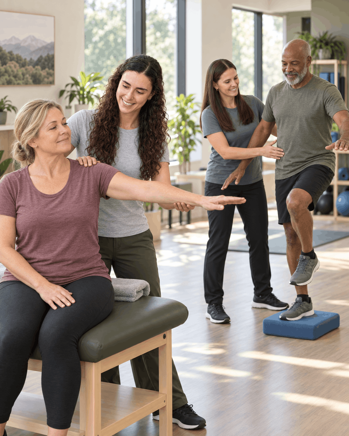 Amber and Emilie each working with a patient on functional movement and balance